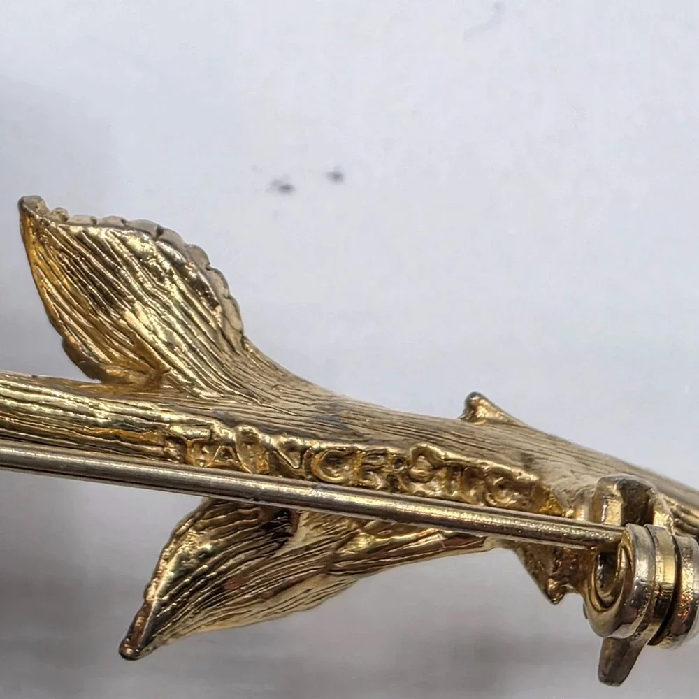 Vintage Tanner II Gold Tone Rose Brooch Long Stem Floral Signed‎ Pin Exquisite